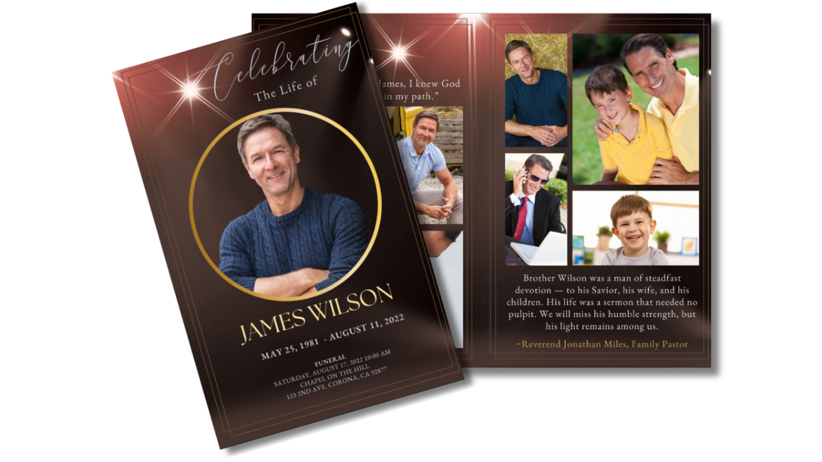 Cover and opened collage page featuring a spotlight and white dove, heartfelt appreciation message, memorial poem, and refined bronze background with gold decorative details.