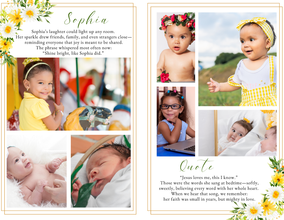 Photo collage and quote layout highlighting memories with daisy floral border and gentle golden tones.