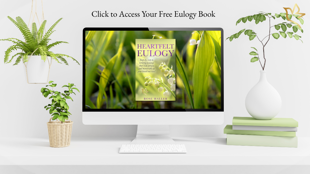Computer screen featuring the Heartfelt Eulogy Book cover surrounded by soft greenery and sunlight — a comforting guide to writing a meaningful tribute.