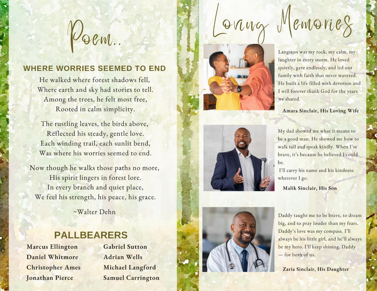 Loving tributes page with three family photos and watercolor background in forest memorial program.