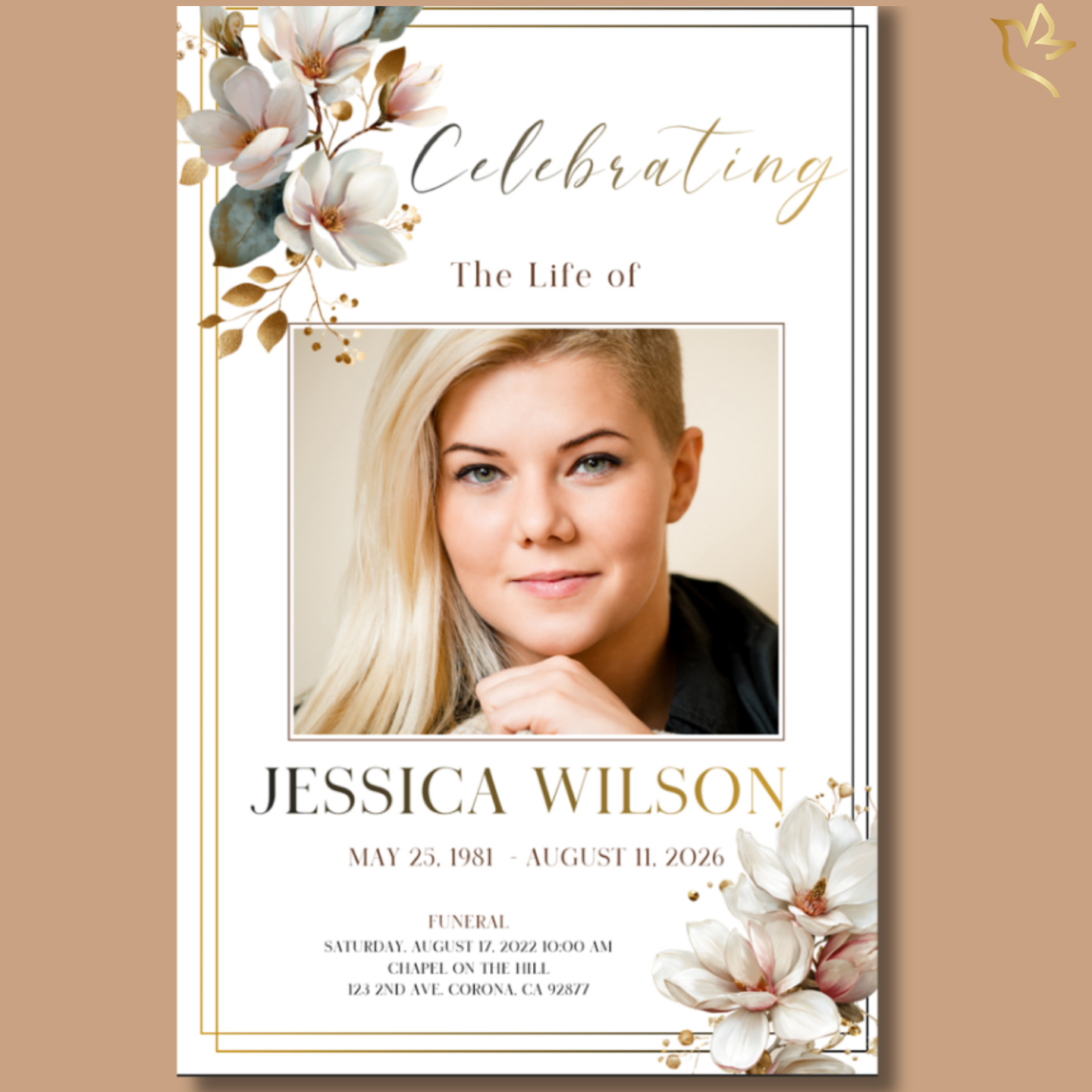 Heavenly Magnolias funeral program cover featuring elegant white magnolia blossoms with soft gold accents, a centered portrait frame, and a refined ivory background honoring a beloved woman.