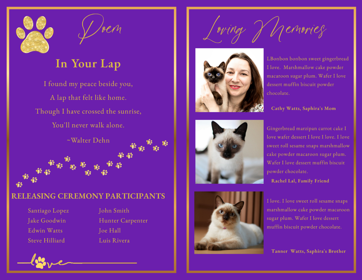 Memorial pages featuring the poem In Your Lap, family tributes, treasured photographs, and heartfelt memories celebrating the bond shared with a beloved cat.