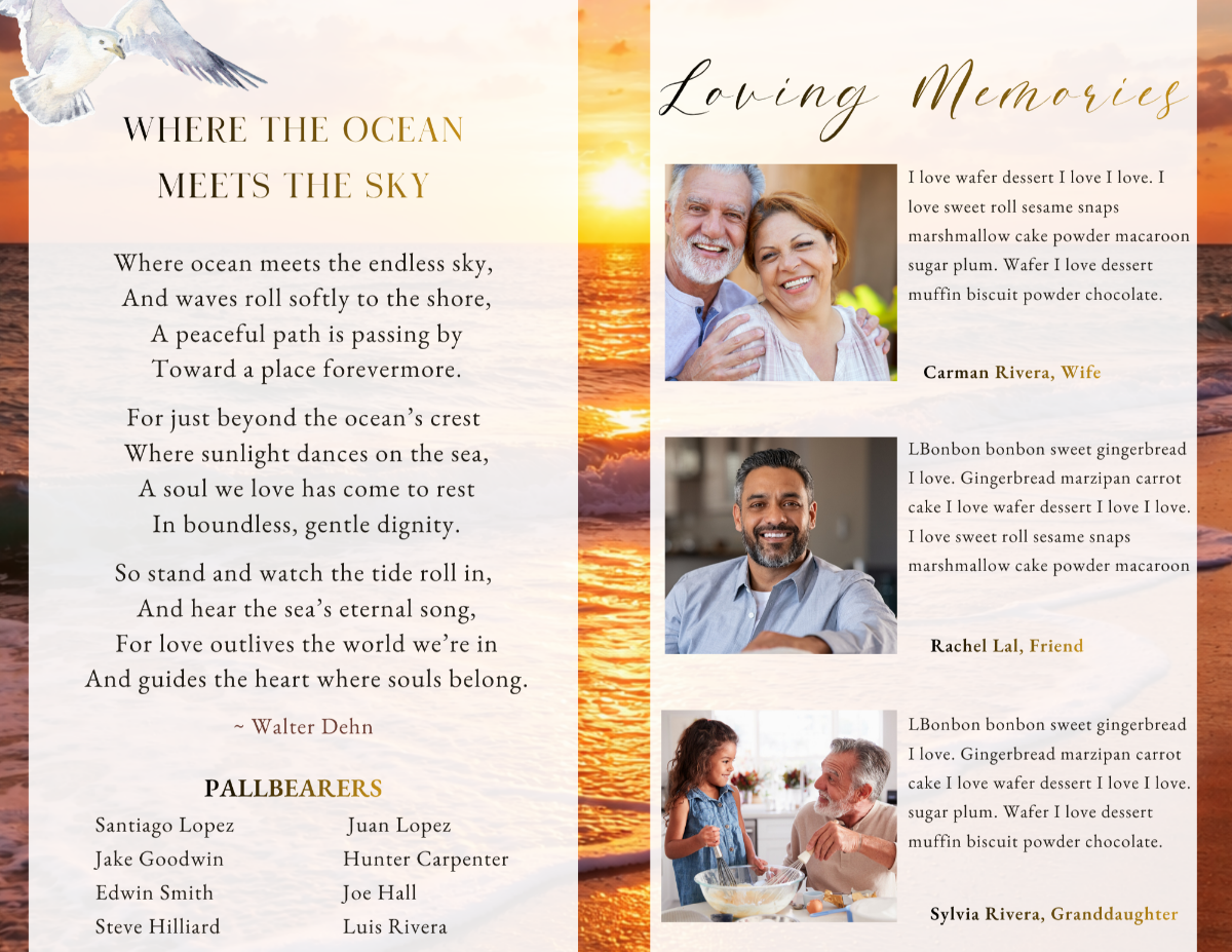 Pages featuring a reflective poem and family tributes, designed to honor a life of warmth, strength, and enduring love.