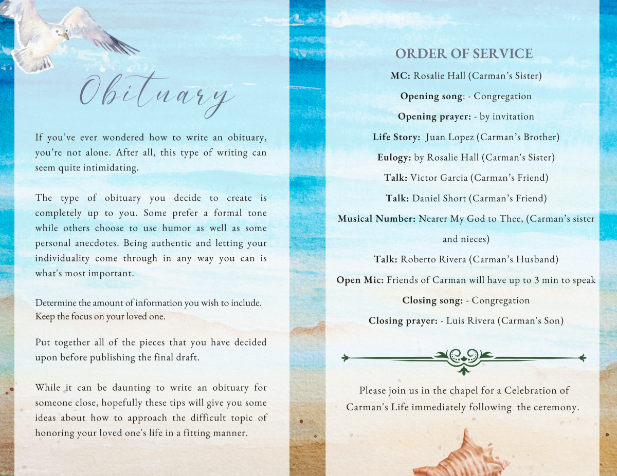 Interior pages featuring obituary and order of service against gentle blue watercolor background.