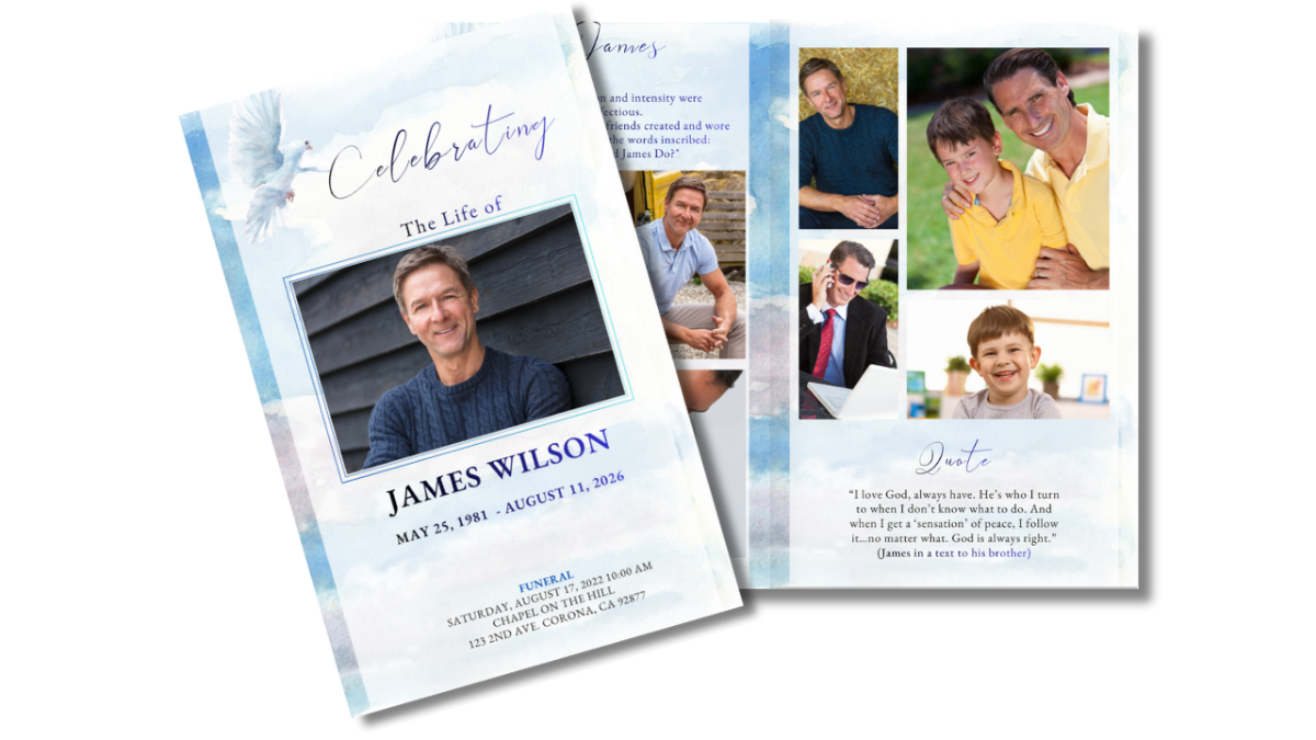 Front cover displayed beside open interior pages showing the ocean shoreline theme coordinated across obituary, collage, poem, and tribute layouts.