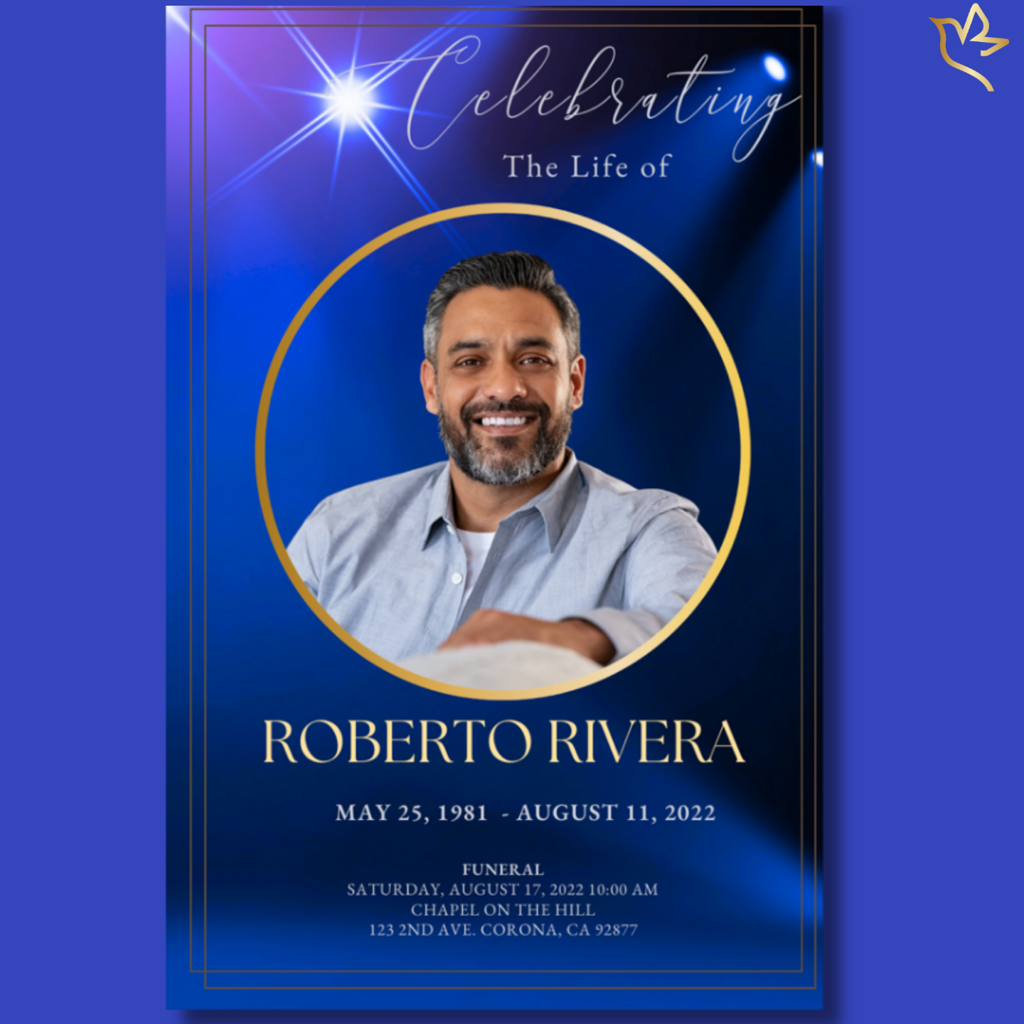 Elegant sapphire-blue funeral program cover featuring a centered portrait framed in gold, radiant beams of light above, and refined script typography that honors a life of strength, faith, and enduring love.