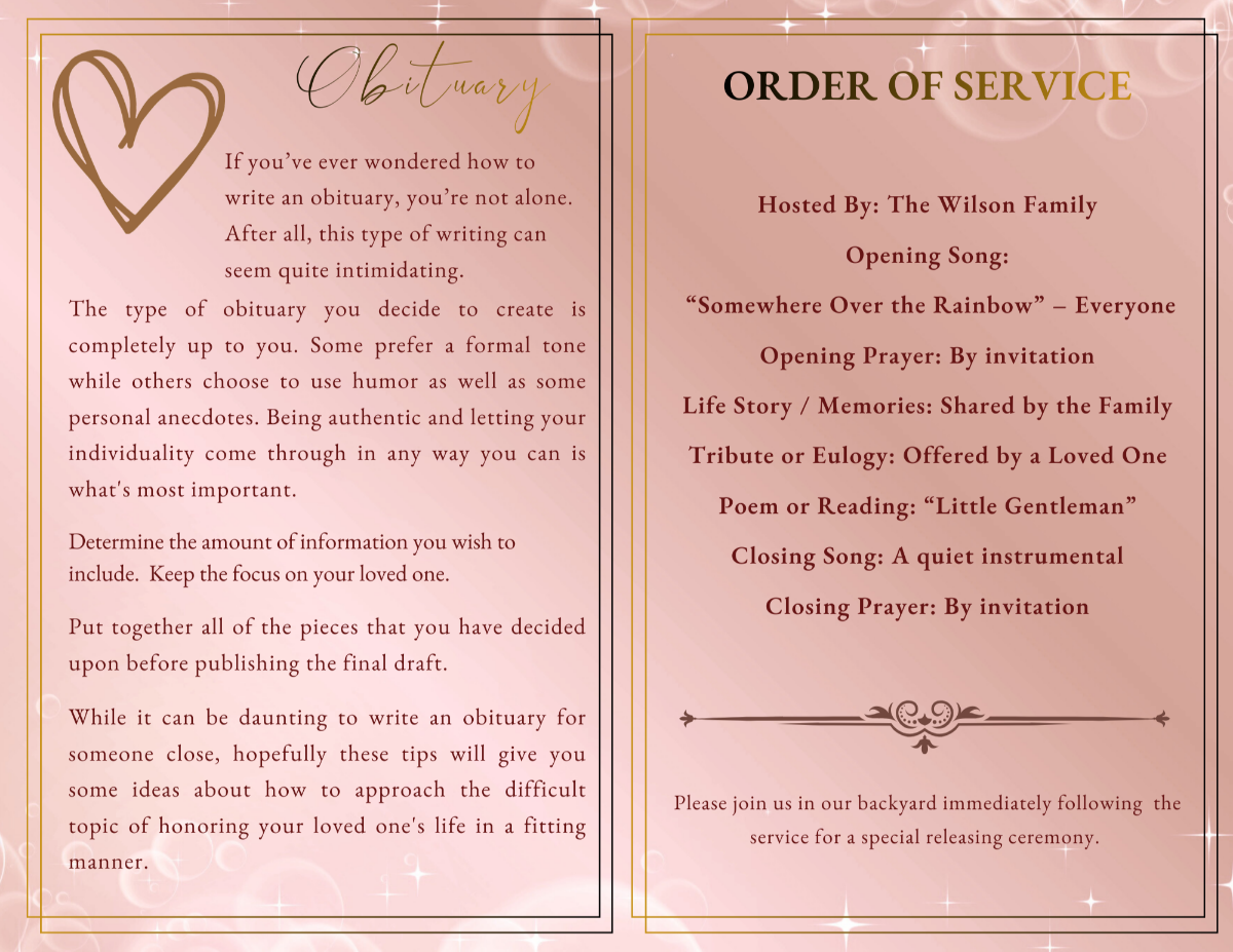 Obituary and order of service pages with pastel pink tones, gold decorative accents, and structured sections for honoring a small pet’s life and ceremony details.