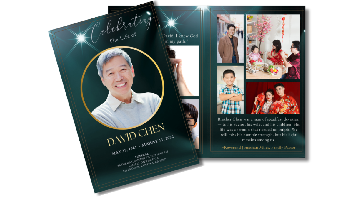 Cover and opened collage page featuring a white dove, heartfelt appreciation message, memorial poem, and refined jade background with gold decorative details.