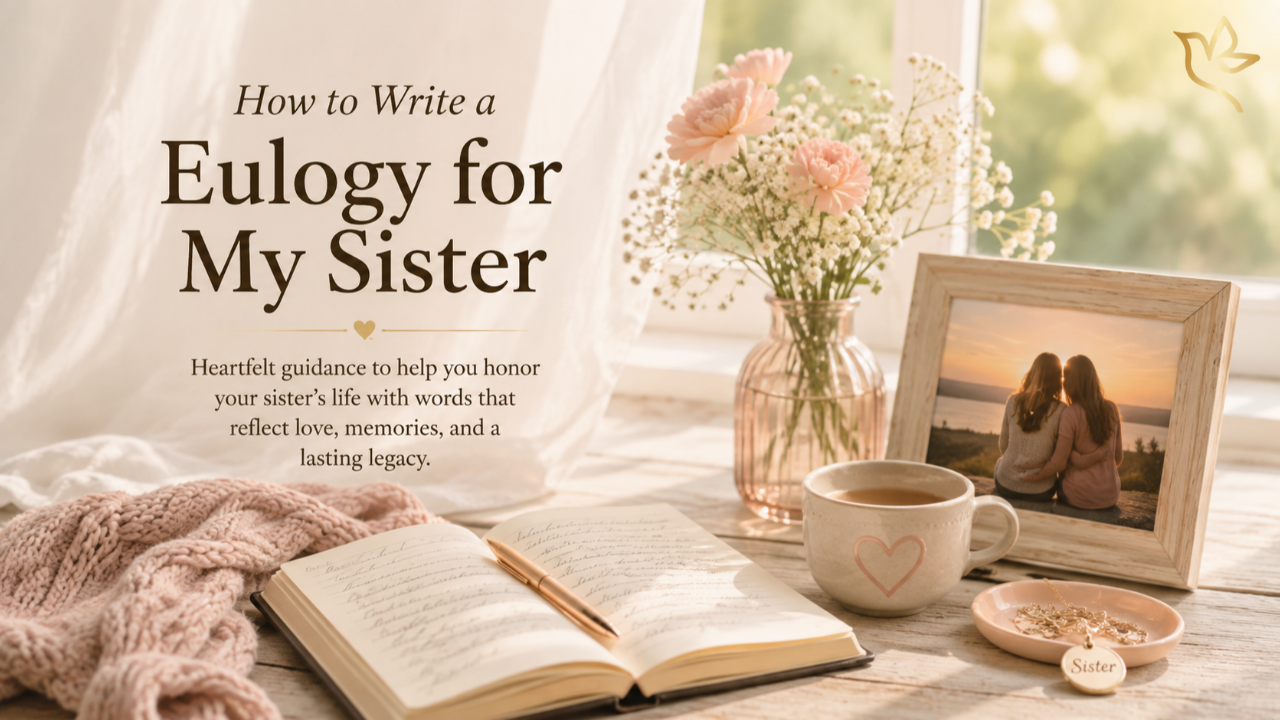 Soft morning light with an open journal, pink flowers, a keepsake necklace, and a framed photograph of two sisters illustrating how to write a eulogy for my sister.