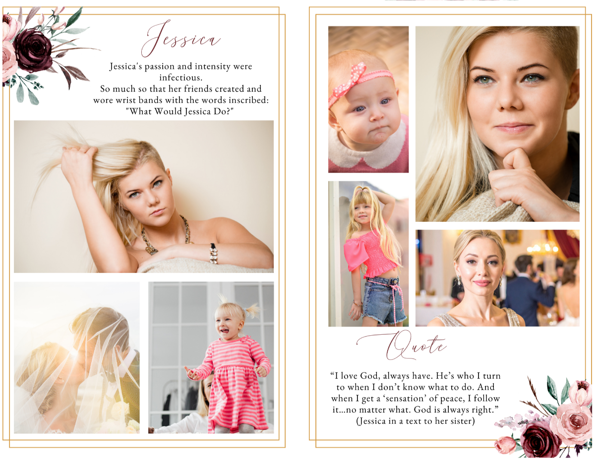 Red Rose Funeral Program Canva Template – inside pages showing obituary, order of service, and personal photos for memorial celebration of life booklet