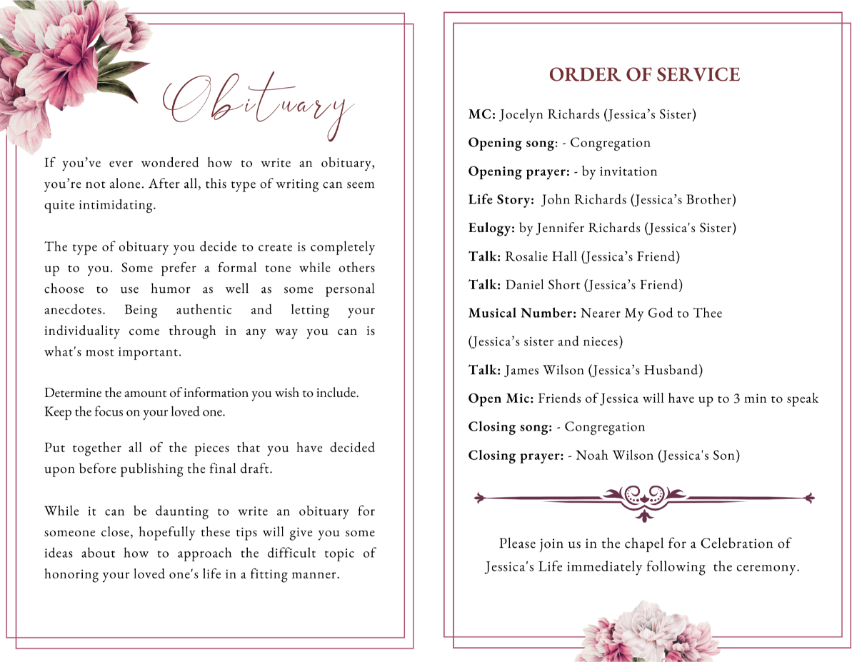 Interior pages displaying obituary text and an organized order of service layout surrounded by soft pink peony accents.