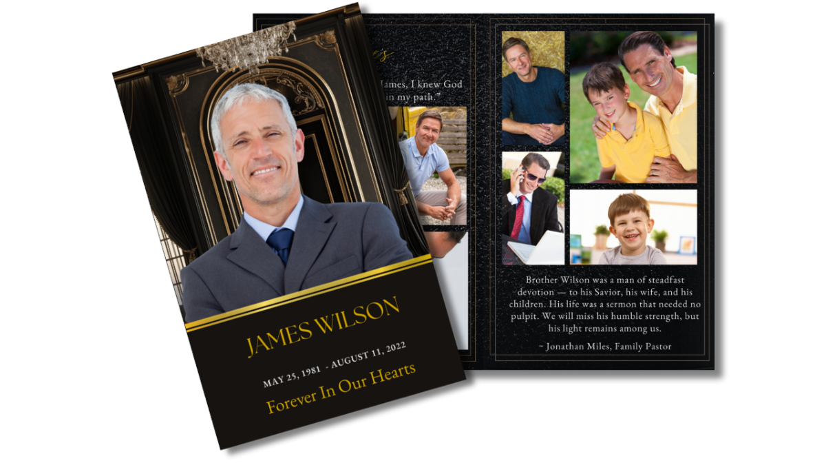 Program spread showing front cover and interior pages with dove and photo collage page, with smiling man in gold-trimmed room, and gold accents.