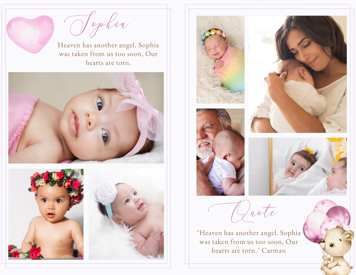 Interior pages featuring baby photos, mother holding child, and “Forever in Our Hearts” tribute layout.