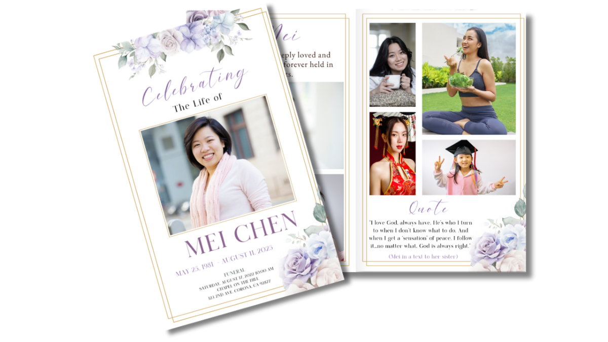 Front cover displayed with interior pages showing coordinated lavender floral borders and gold frames across obituary, collage, poem, and tribute layouts.