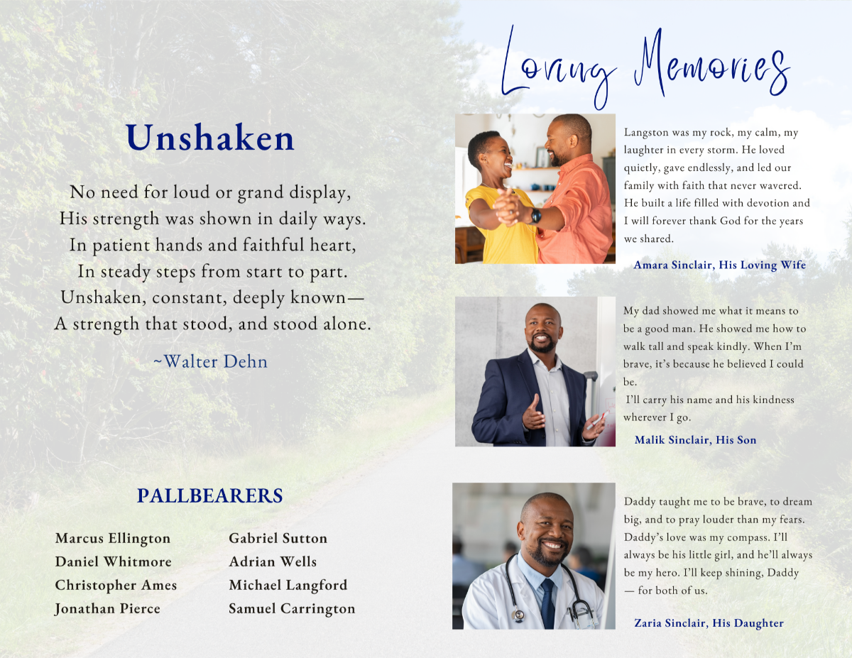 Poem and memorial pages featuring a natural outdoor backdrop, soft lighting, and strong yet elegant typography for heartfelt reflections.