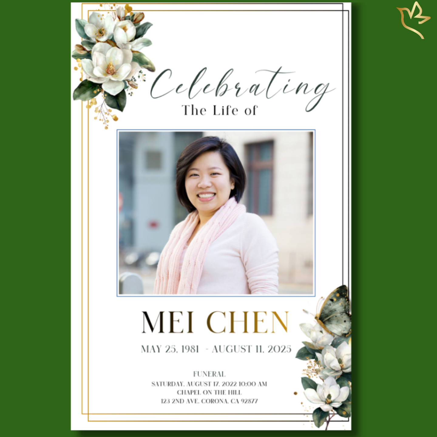 Gentle Magnolias funeral program cover featuring soft ivory tones with elegant white magnolia florals, delicate gold accents, and a centered portrait framed beneath graceful script lettering.