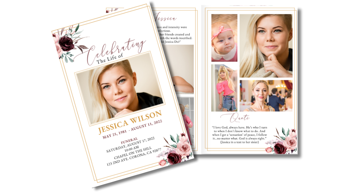 Elegant women’s funeral program template with burgundy and blush roses. Front cover and open photo collage pages features a smiling woman framed by floral accents and “Celebrating the Life of” text; back cover includes a thank-you message, gratitude note, and memorial poem — a refined Canva template honoring a life of beauty and love.