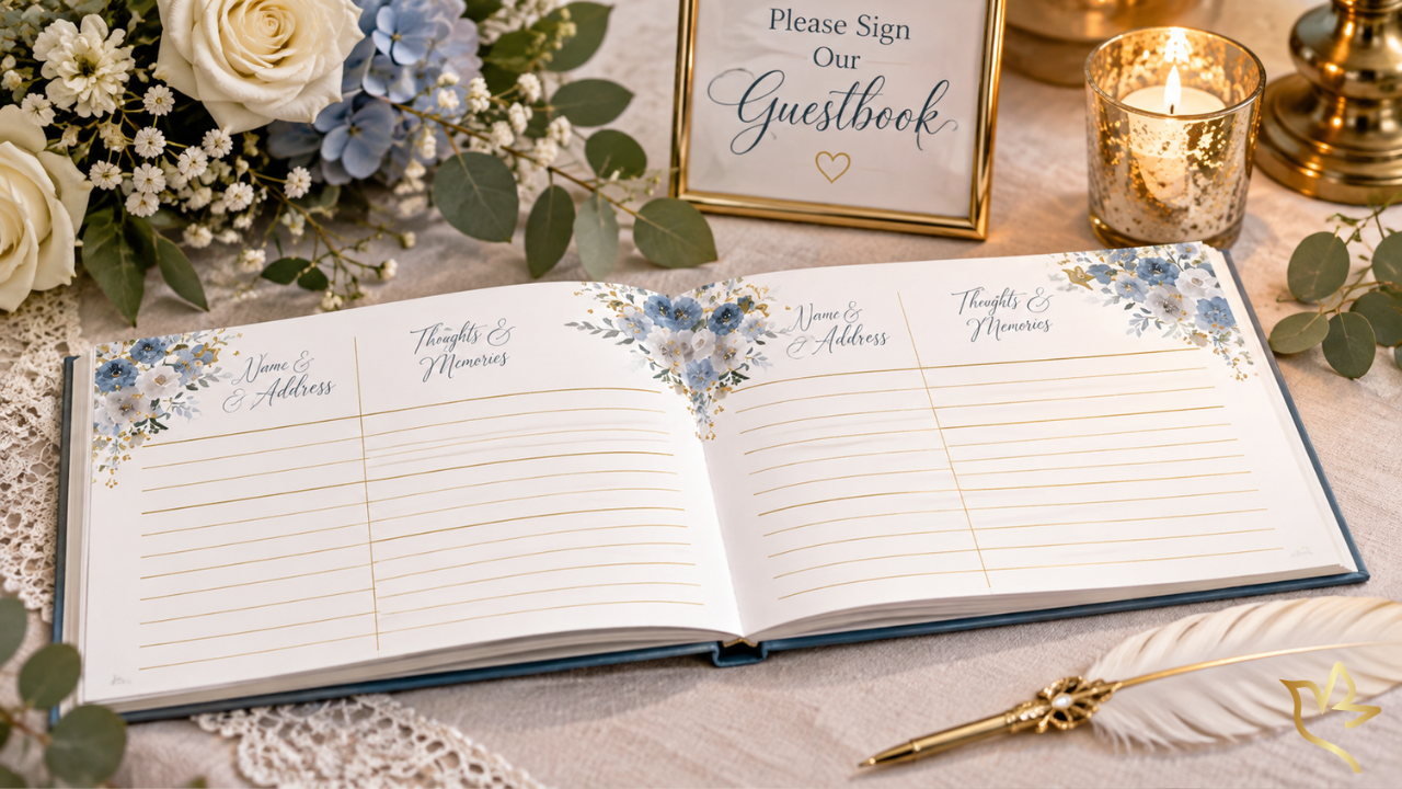 Open floral memorial guest book with space for names, addresses, thoughts and memories beside flowers, a candle, and feather pen.