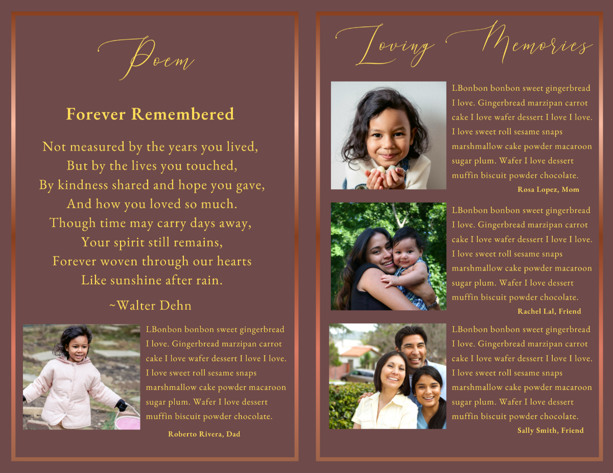 Memorial pages featuring a remembrance poem, family tribute, childhood photographs, and meaningful reflections celebrating a young woman’s life.