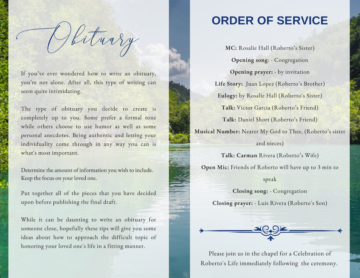 Obituary and Order of Service pages with soft water textures and lake fishing motifs.