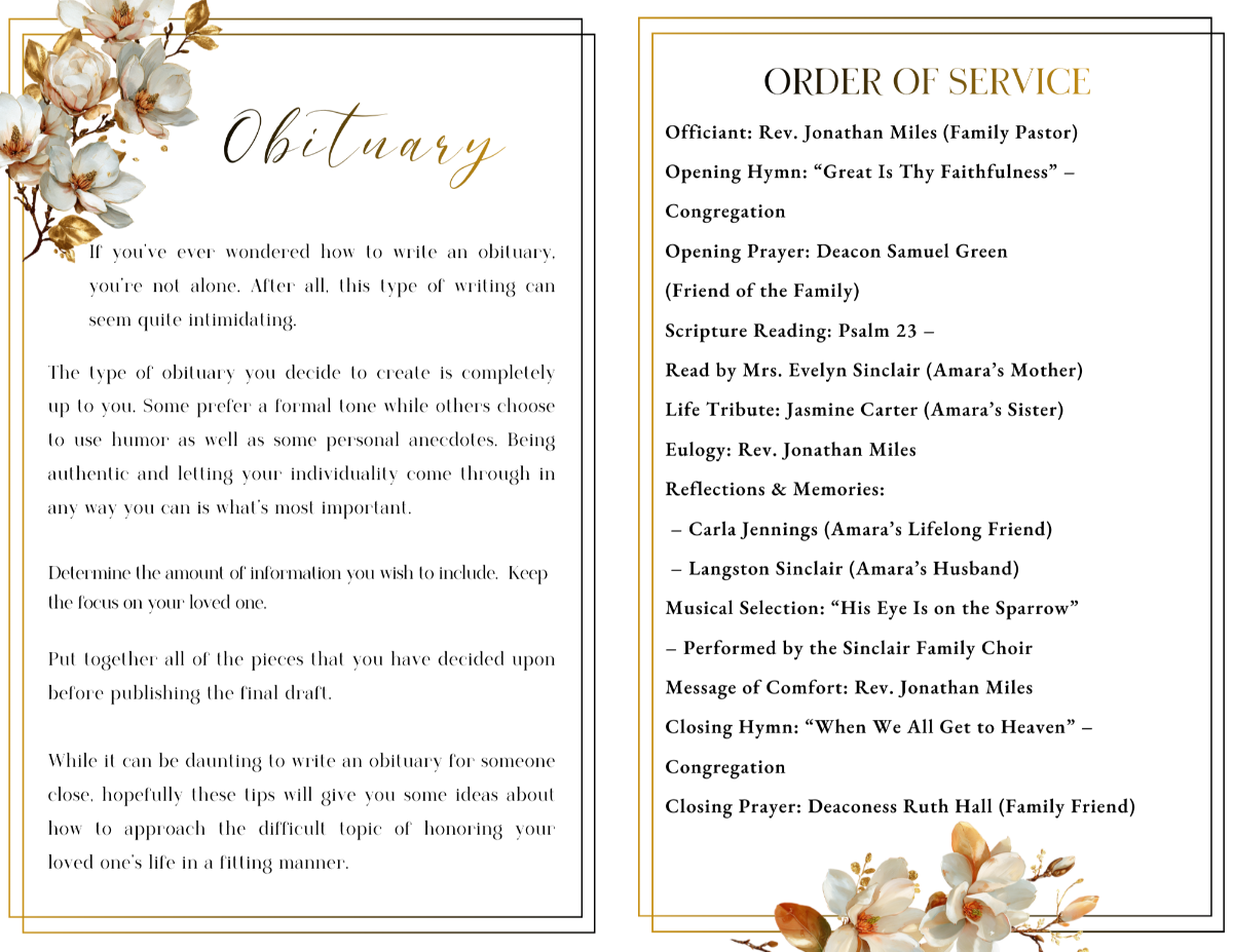 Obituary and Order of Service pages featuring structured sections, elegant script headings, and soft magnolia blossom accents framing the memorial text.