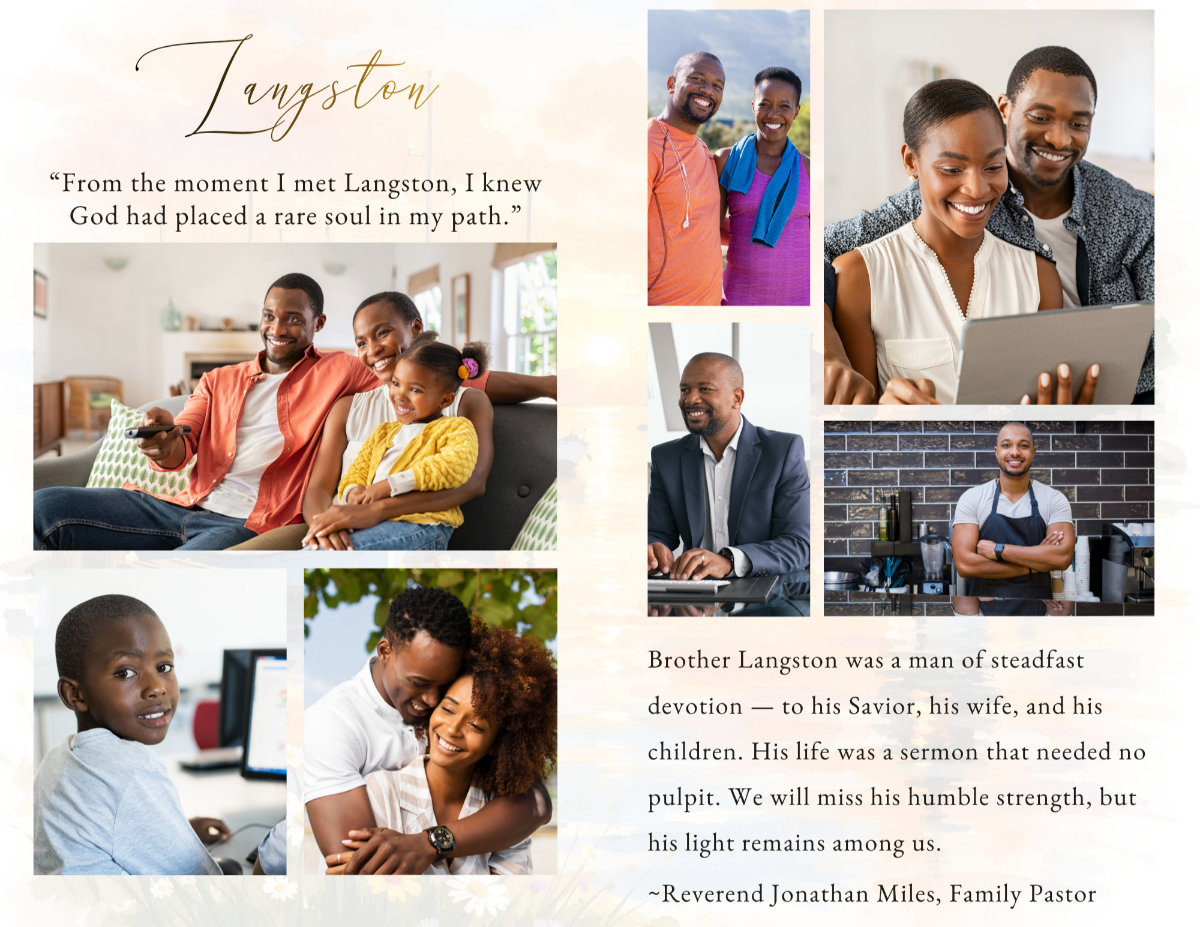 Safe Harbor photo collage pages featuring treasured family moments, lifelong friendships, career accomplishments, faith-filled experiences, community service, and the lasting memories that continue to guide future generations like a lighthouse on the shore.