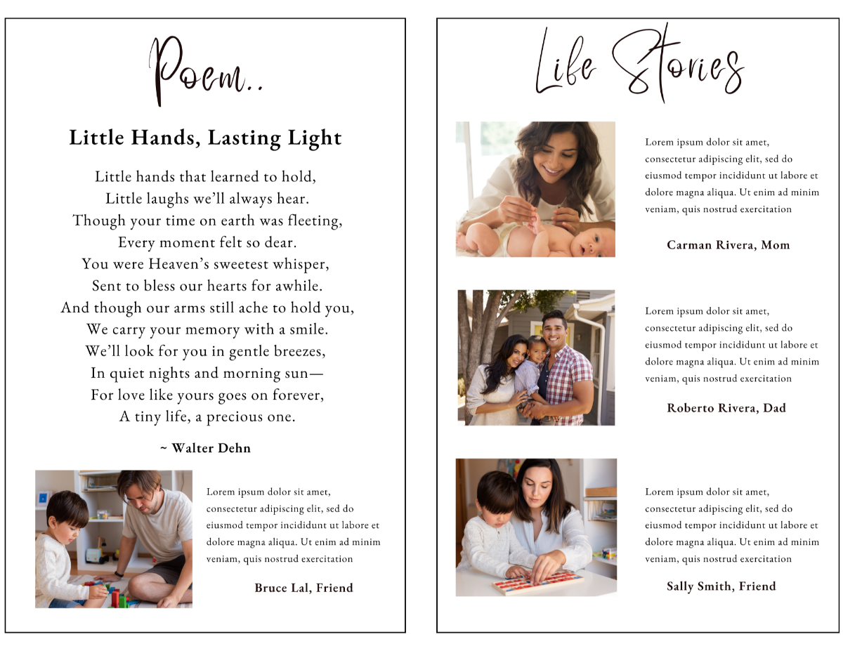 Sweetly Simple memorial poem and life stories pages featuring family tributes, treasured memories, personal reflections, and heartfelt messages honoring the life of a beloved child.