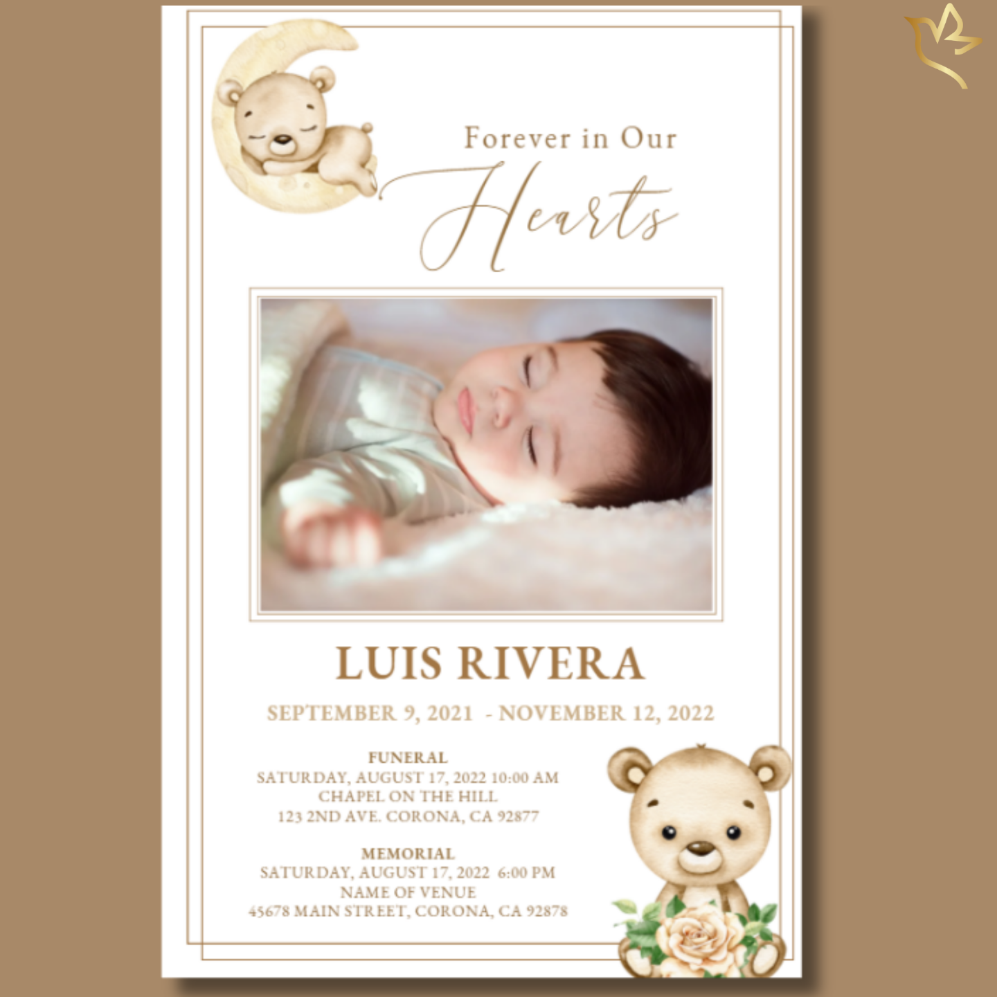Front cover of My Little One Funeral Program Template featuring sleeping baby photo and watercolor teddy bear art.