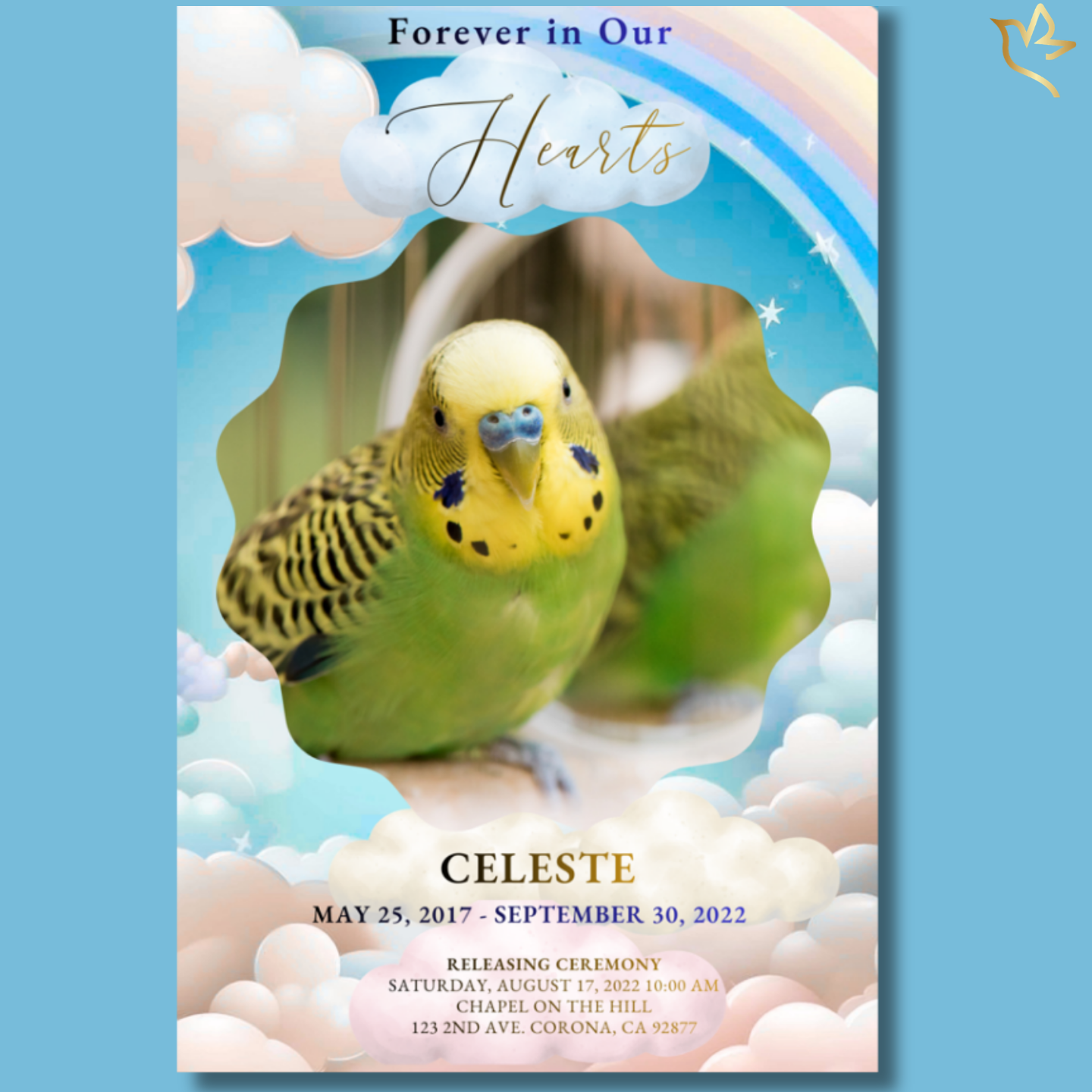 Pet bird funeral program cover featuring a green and yellow parakeet framed by soft pastel clouds and a rainbow sky, with gentle watercolor light and celestial background symbolizing peace and eternal flight.