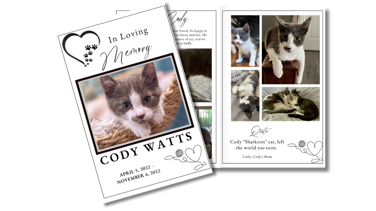 Simply Cherished cat funeral program template preview featuring the memorial cover displayed alongside coordinated interior pages for cat photographs, life stories, loving memories, tributes, poems, and cherished family reflections.