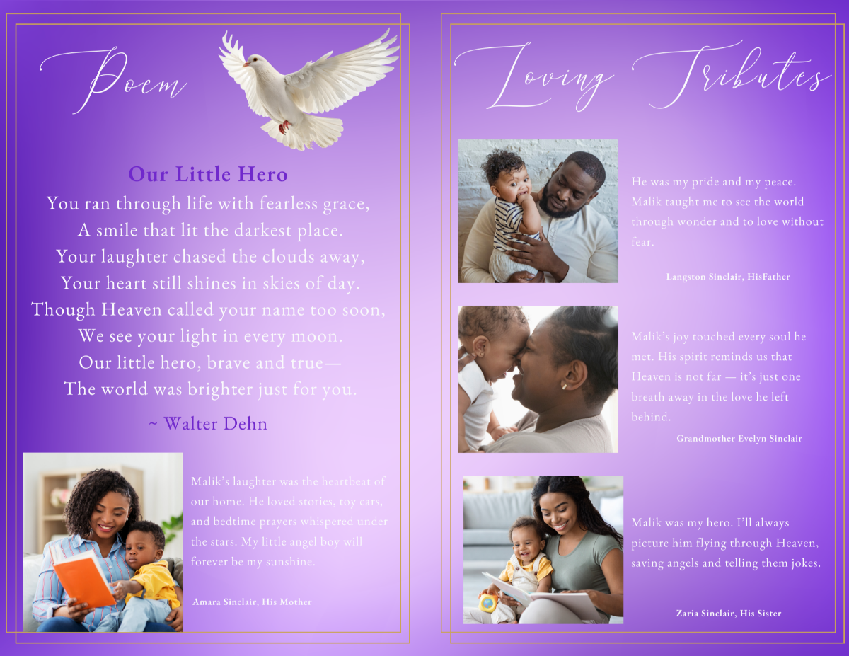 Poem and Loving Memories pages with gentle lavender backgrounds, comforting verse layout, and heartfelt tribute sections paired with family photographs.