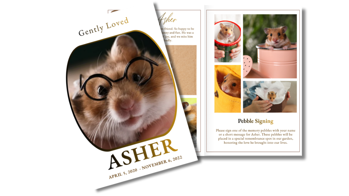 Front cover and interior layout displaying soft neutral background, rounded portrait frame, warm brown and gold accents, and clean structured pages for a gentle memorial presentation.