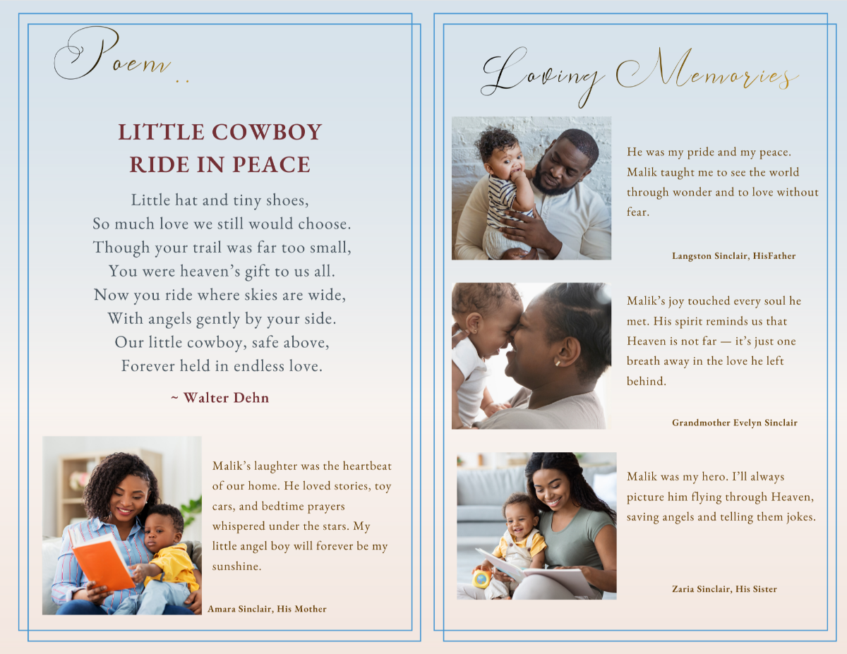 Poem and loving memories pages featuring the “Little Cowboy Ride in Peace” poem alongside family tribute photos arranged in clean, balanced layouts.