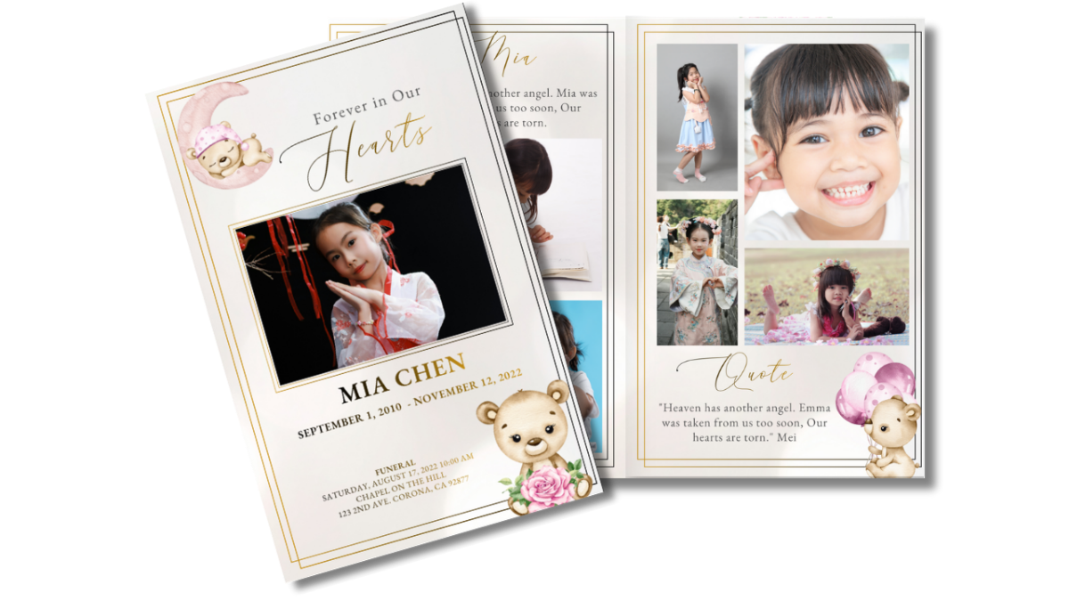 Front cover design featuring a smiling child portrait framed in gold, sleeping teddy bear on a crescent moon above, floral teddy illustration below, and soft ivory and blush background symbolizing love and remembrance.