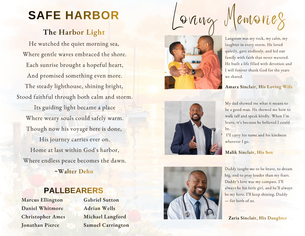 Safe Harbor memorial poem and loving memories pages featuring heartfelt family messages, treasured photographs, personal reflections, meaningful tributes, and cherished memories celebrating the life of a beloved husband, father, grandfather, or friend.