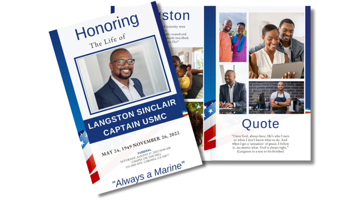Open cover view showing the thank-you note on the back panel and front photo framed with red, white, and blue patriotic stripes.