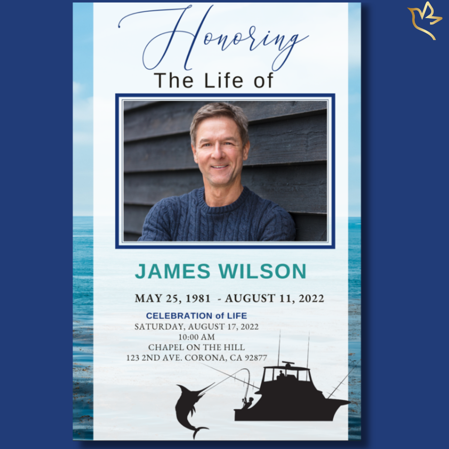 Front cover of Deep Sea Fishing Funeral Program Template featuring smiling man with ocean backdrop and fishing boat silhouette