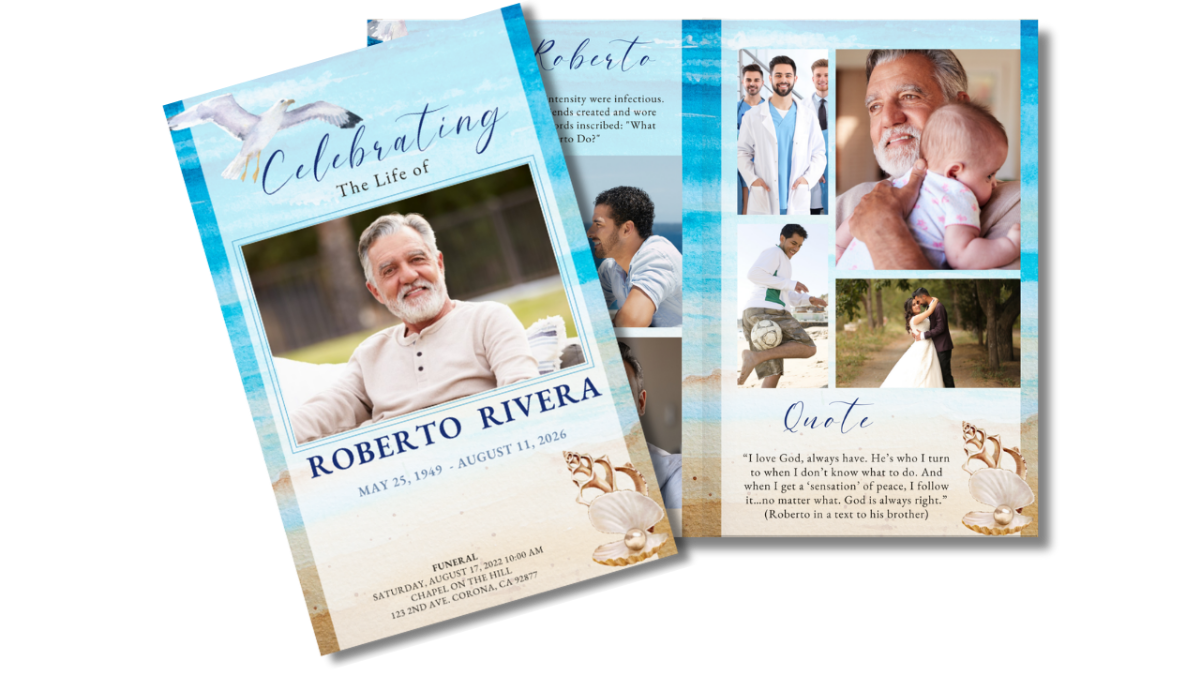 Front cover displayed beside open interior pages showing the ocean shoreline theme coordinated across obituary, collage, poem, and tribute layouts.