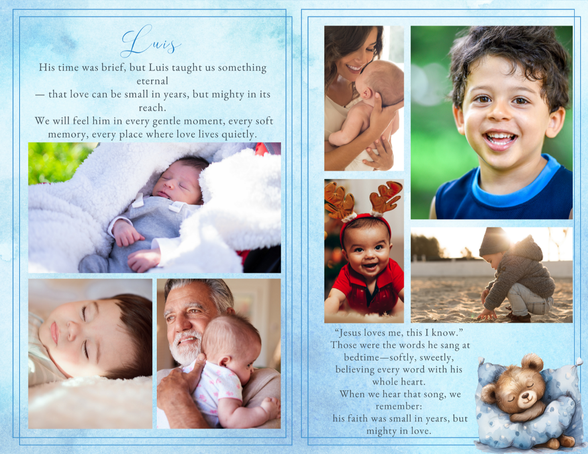 Photo collage pages with family images in the Little Sailor of Heaven funeral program preview showing watercolor theme, teddy illustrations, and coordinated baby memorial design.