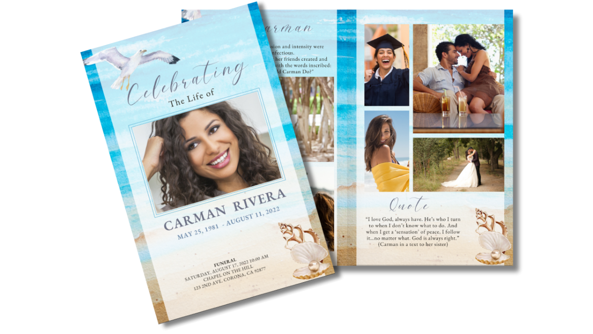 Two-page spread showing coastal funeral program cover and thank-you page with soft beach tones.