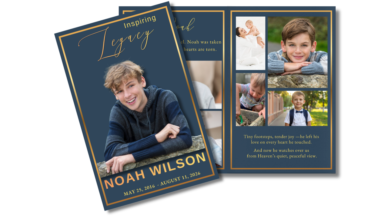 Inspiring Legacy funeral program template preview featuring the memorial cover displayed alongside coordinated interior pages for photographs, family memories, personal tributes, life stories, achievements, and celebration of life services honoring a beloved teenage boy.