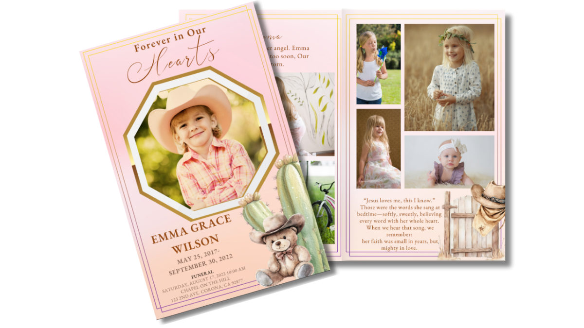 Front cover displayed beside open interior pages, showing the pink cowgirl cover design next to coordinated poem, tribute, and order of service layouts with cactus and western-themed watercolor accents.