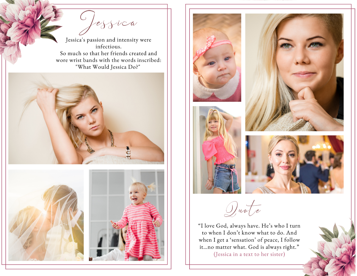 Photo collage page with space for a heartfelt poem or meaningful quote, highlighted with gentle pink peonies.