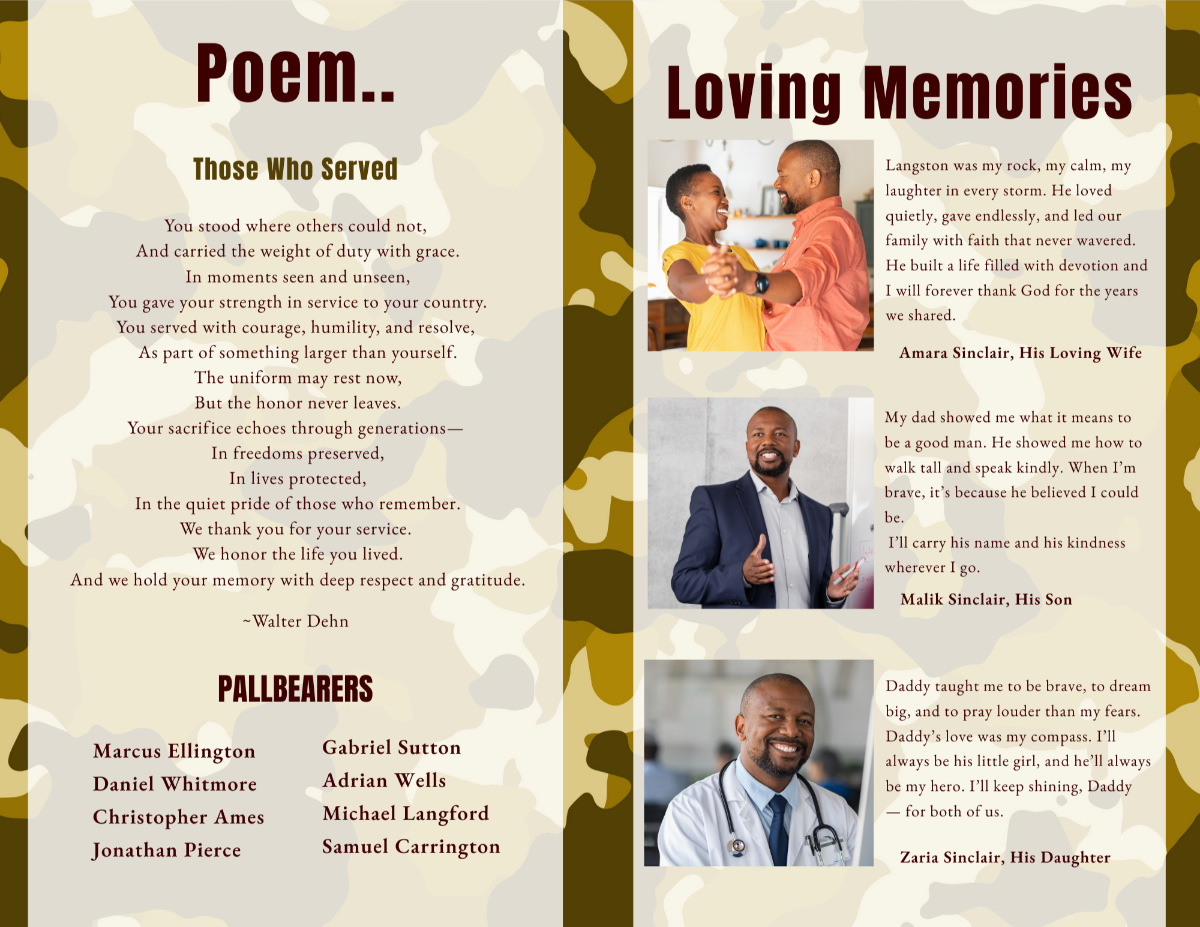 Interior pages displaying memorial poem, life tributes, and family photos with matching USMC-inspired layout.