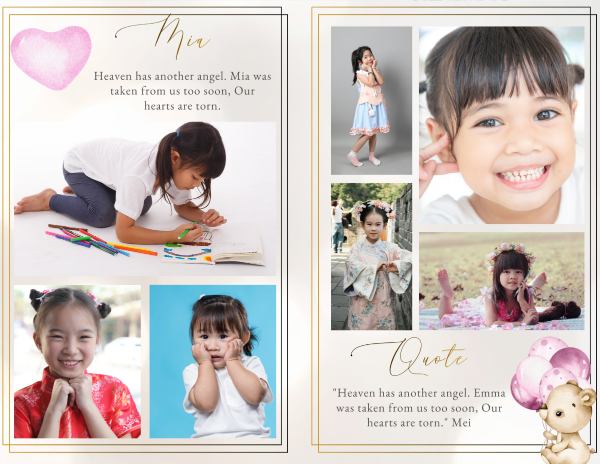 Interior collage layout featuring multiple childhood photos arranged against a soft ivory background with blush heart accents and refined gold framing.