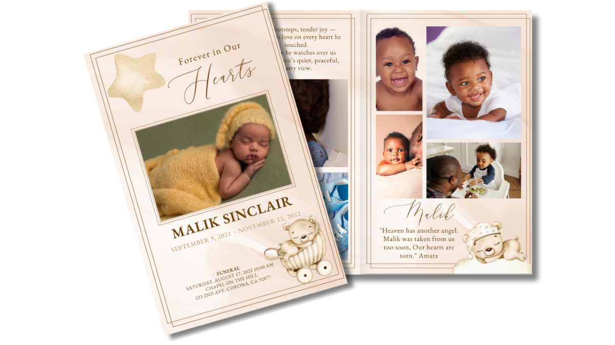 Front cover and open interior photo collage spread featuring baby portraits, parent-child moments, soft gold star accents, and a heartfelt quote section.