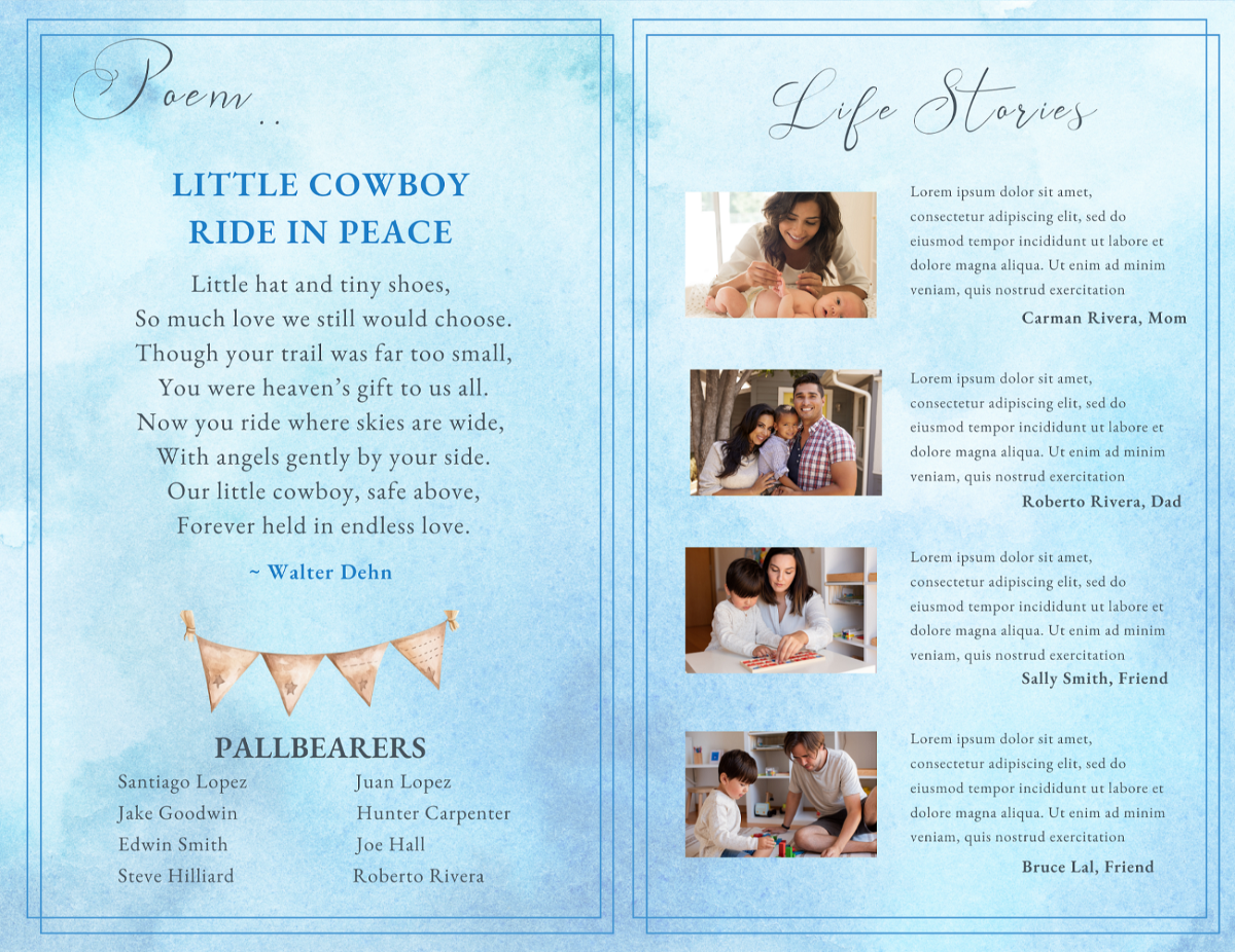 Poem and loving memories pages featuring the “Little Cowboy Ride in Peace” poem alongside family tribute photos arranged in clean, balanced layouts.
