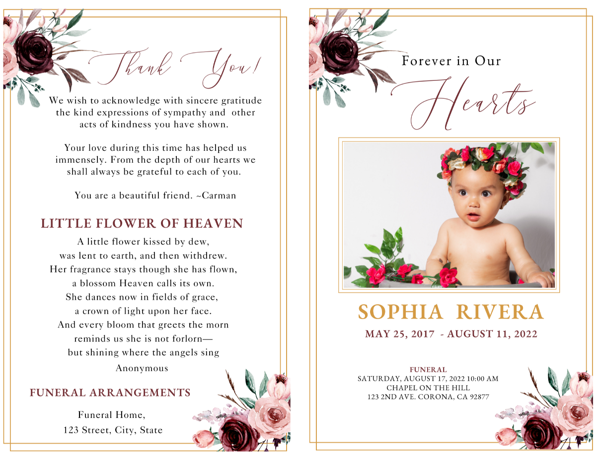 Cover pages with thank-you note, poem, and floral border on back, and photo on front cover in warm rose tones.