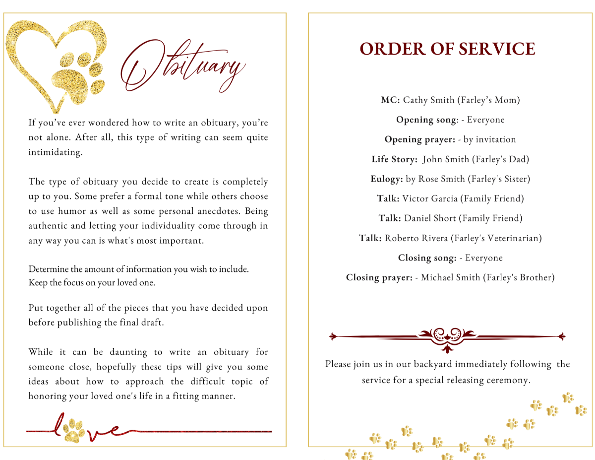 Interior layout showing obituary and order of service pages with elegant gold accents and pawprint borders.