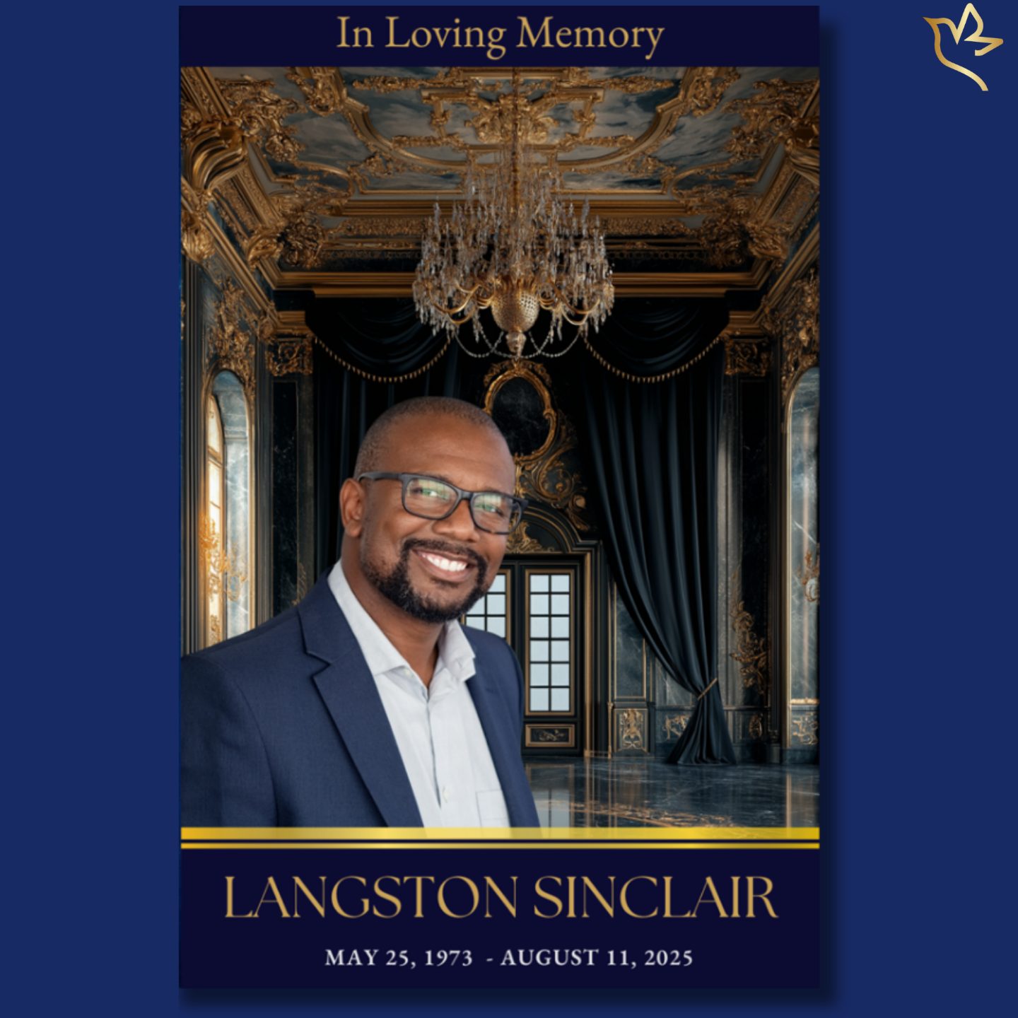 Elegant midnight-crown memorial program featuring a smiling gentleman in a suit, set against a luxurious gold-trimmed palace interior with chandelier and velvet drapery; framed with classic gold borders and “In Loving Memory” title.